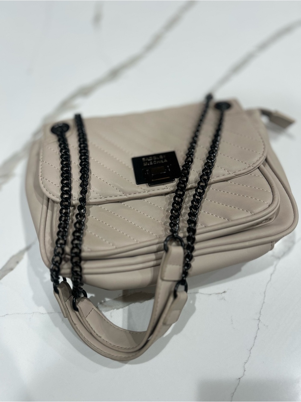 Badgley Mischka Quilted Beige Shoulder Bag with Black Chain